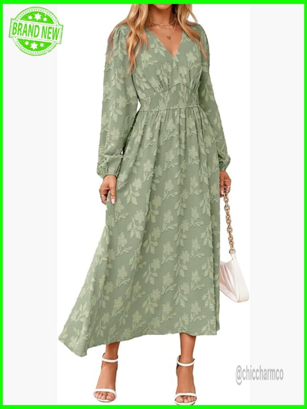Long Sleeve Maxi Dress with Pockets Empire Waist V Neck Formal Wedding Guest